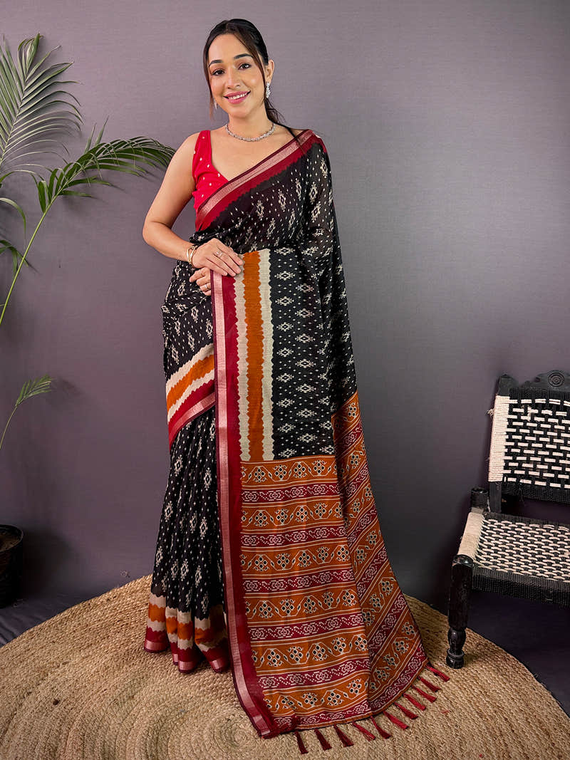 Black Cotton Viscose Ikkat Print Saree