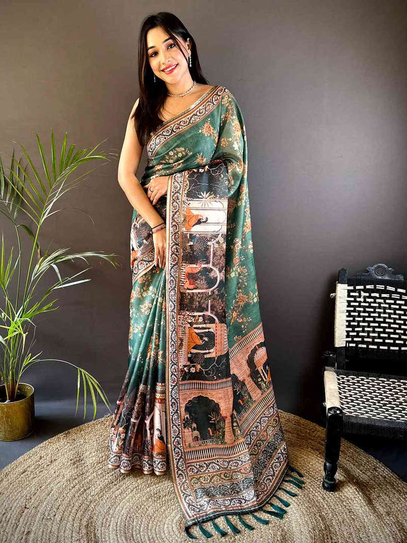 Bottle Green Tissue Chanderi Kalamkari Handprint Saree