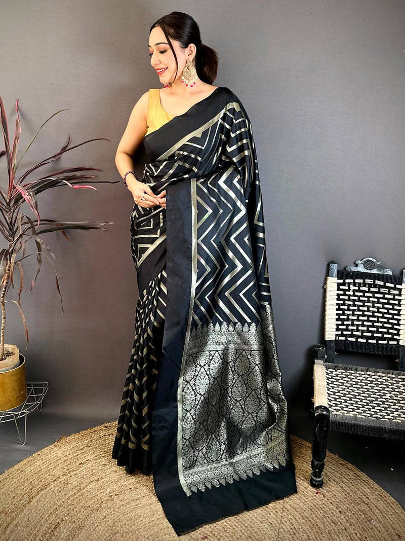 Black Geometric Zari Weave Banarasi Saree