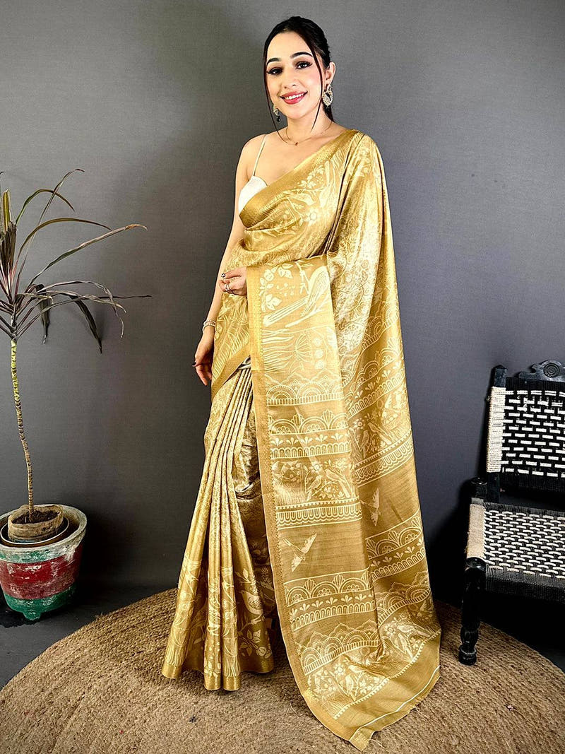 Tussar Bird Digital Print Zari Border Saree