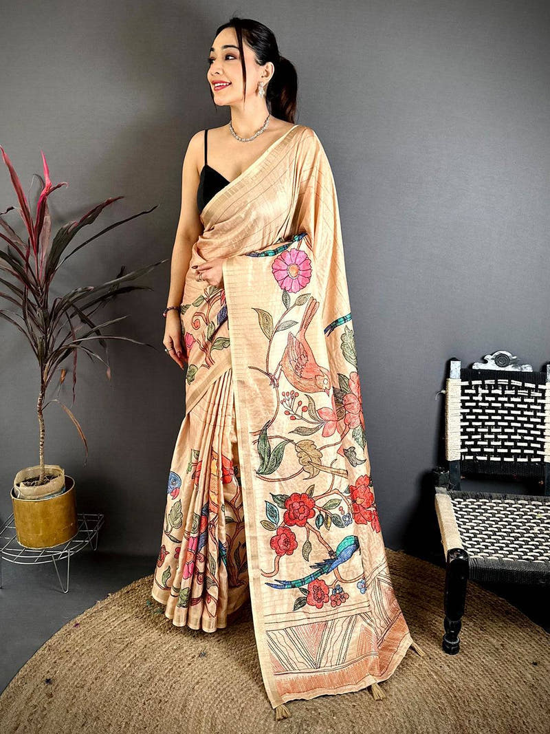 Royal Tussar Ghicha Katha Art Saree