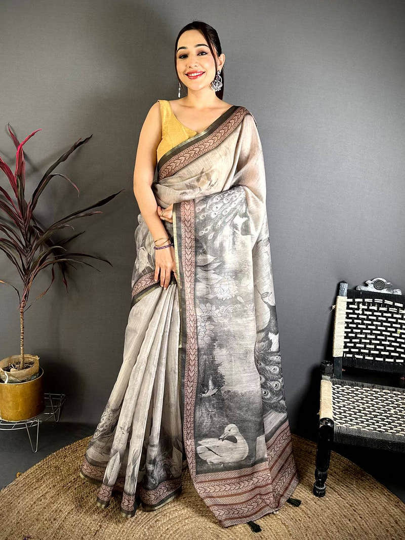 Heritage Art Poster Pallu Kalamkari Linen Saree