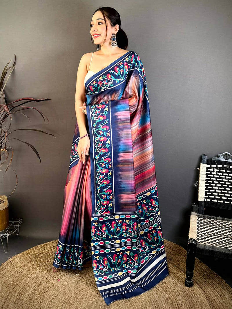 Vibrant Parrot Ikkat Print Tussar Saree