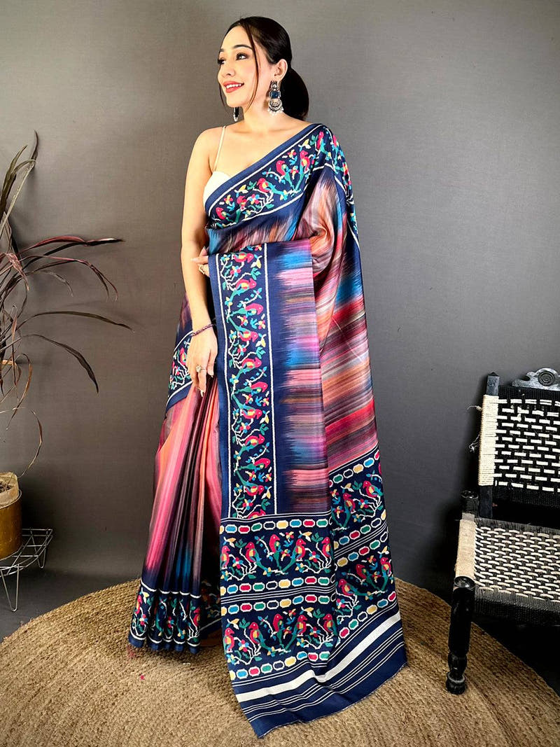 Vibrant Parrot Ikkat Print Tussar Saree
