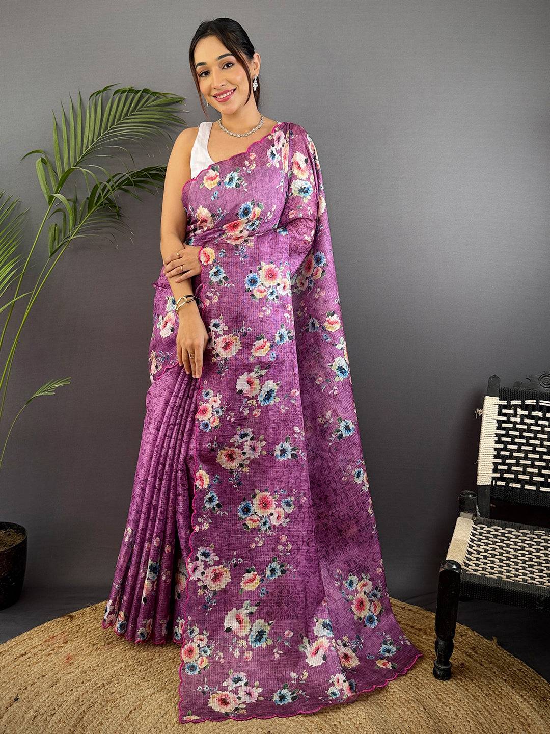 Lilac Purple Kota Doriya Floral Cut Work Saree