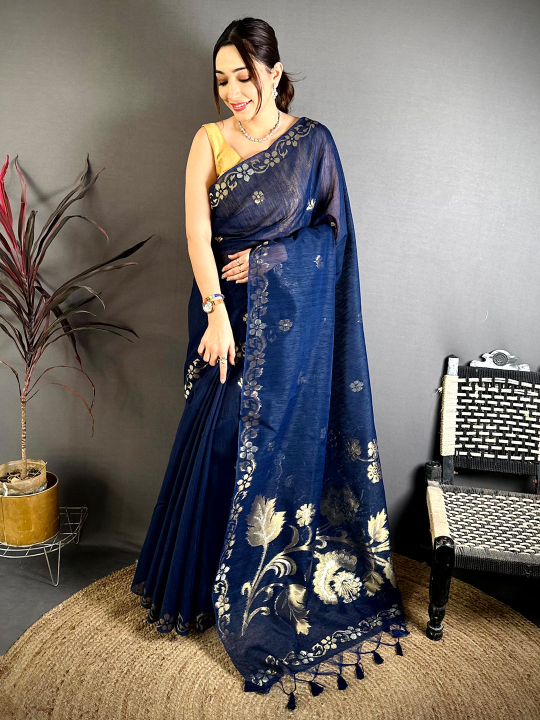 Navy Sona Chandi Khadi Ghicha Saree