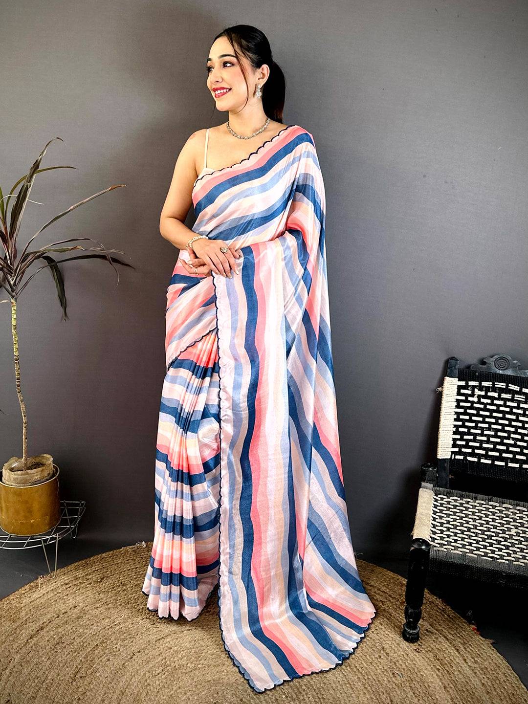 Stylish Soft Chiffon Striped Cutwork Saree