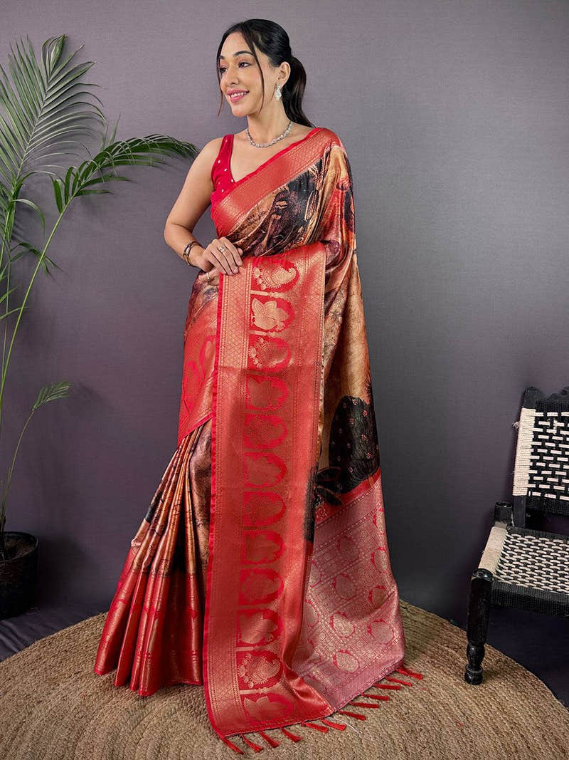 Heritage Soft Cherry Satin Kalamkari Print Saree