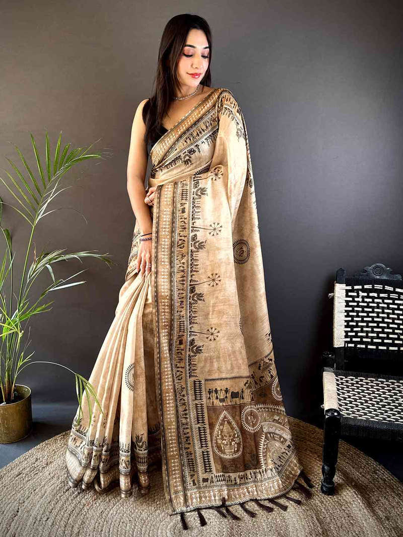 Beige Warli Print Tissue Chanderi Saree