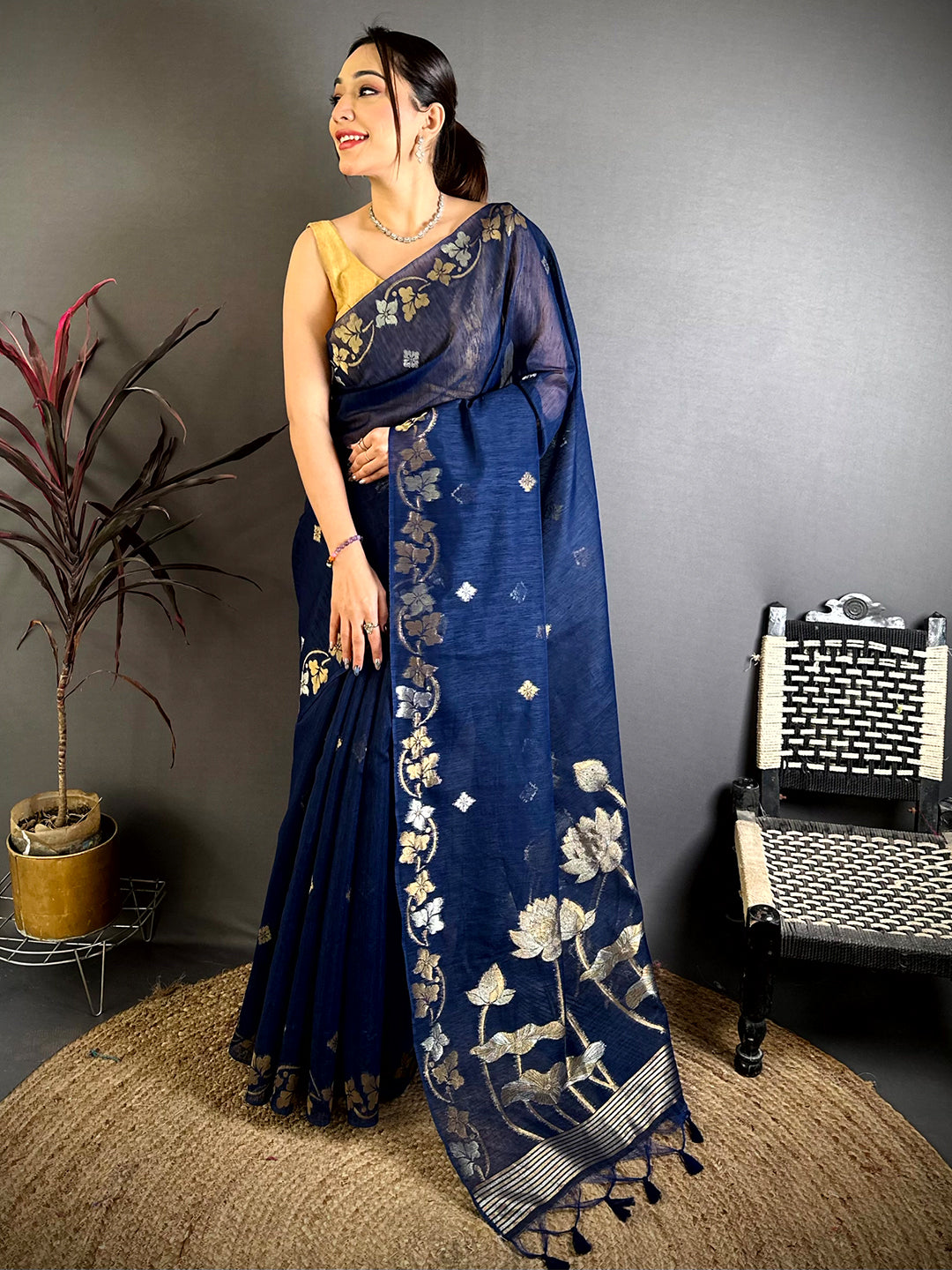 Navy Sona Chandi Munga Saree