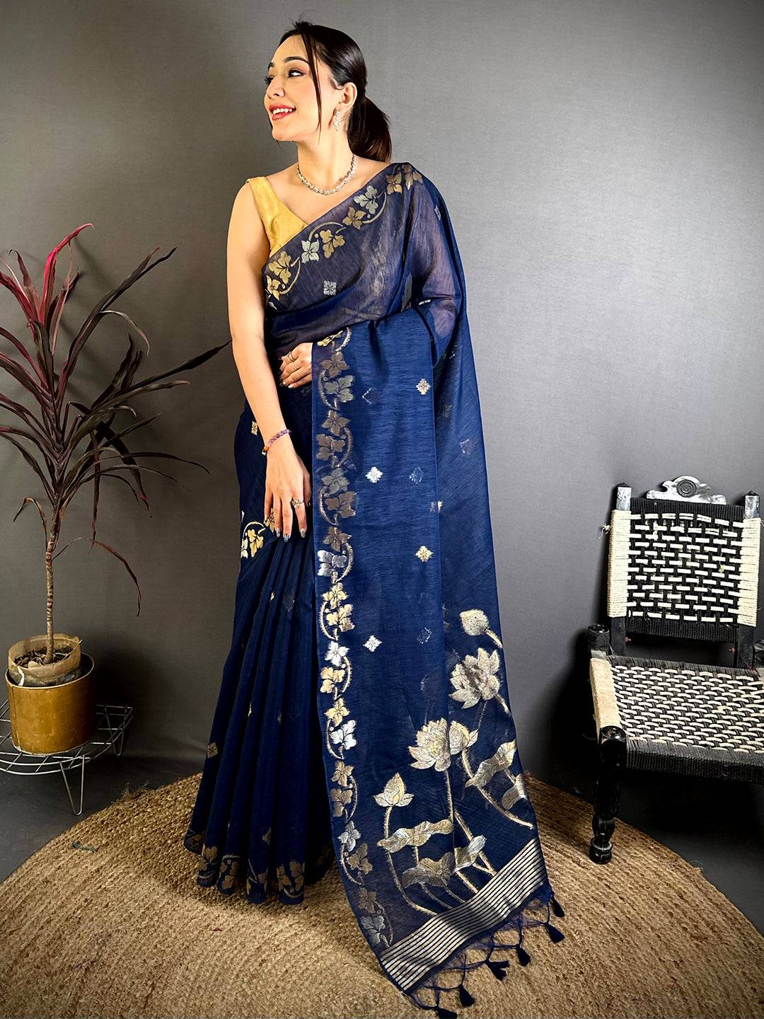 Navy Sona Chandi Munga Saree