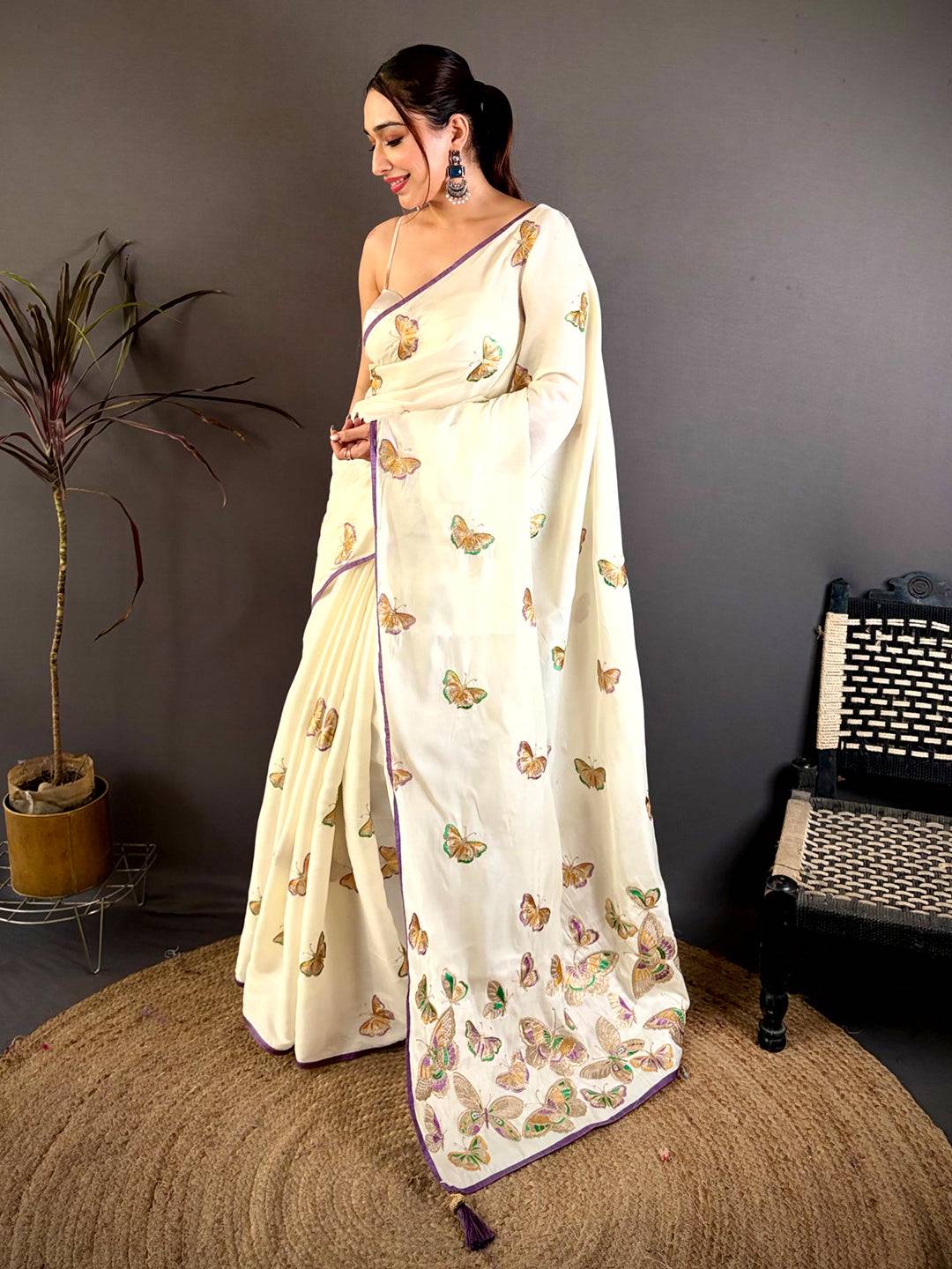 Poly Silk Butterfly Embroidered Work Saree