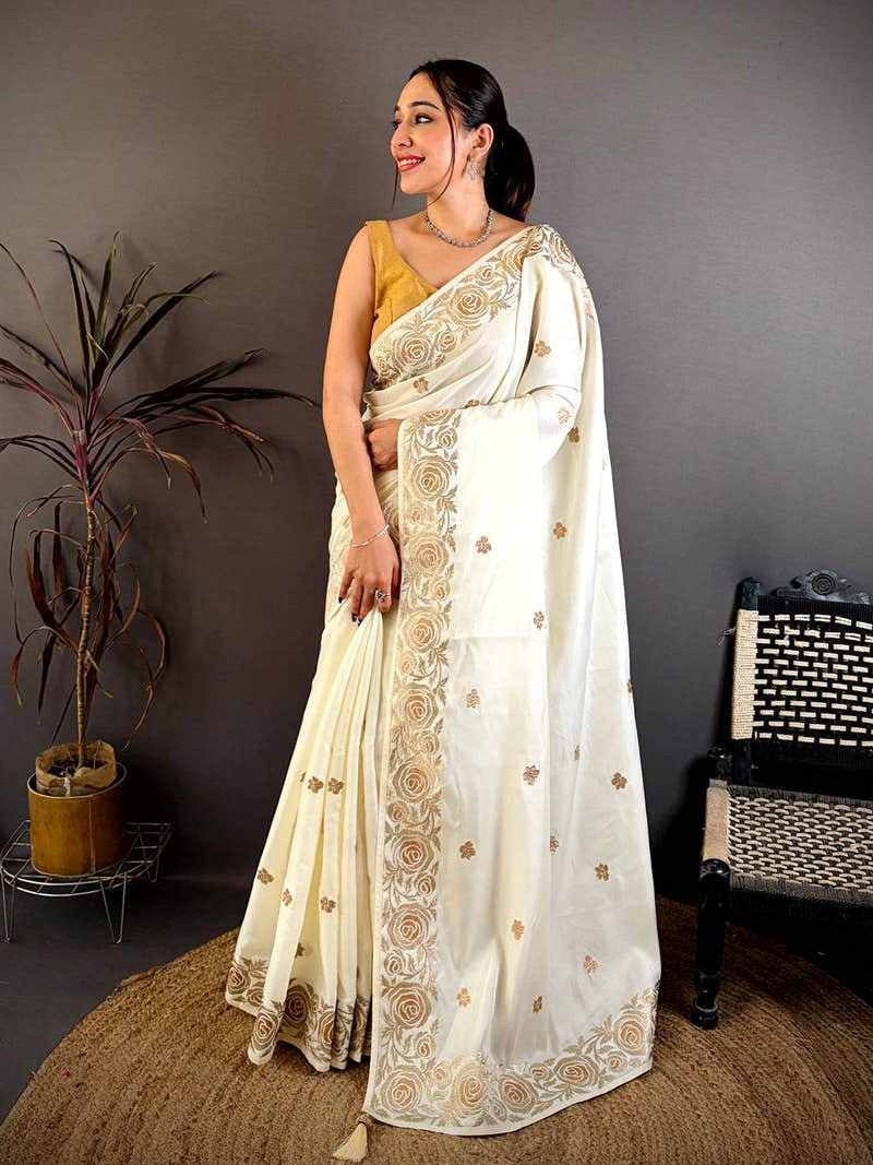 White Aari Jhalar Tussar Satin Saree