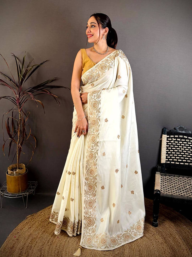 White Aari Jhalar Tussar Satin Saree