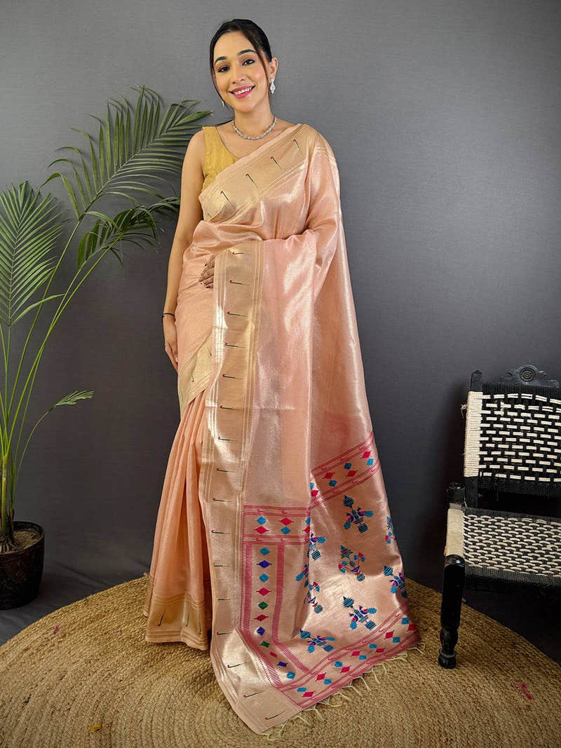 Pink Soft Zari Tissue Paithani Saree
