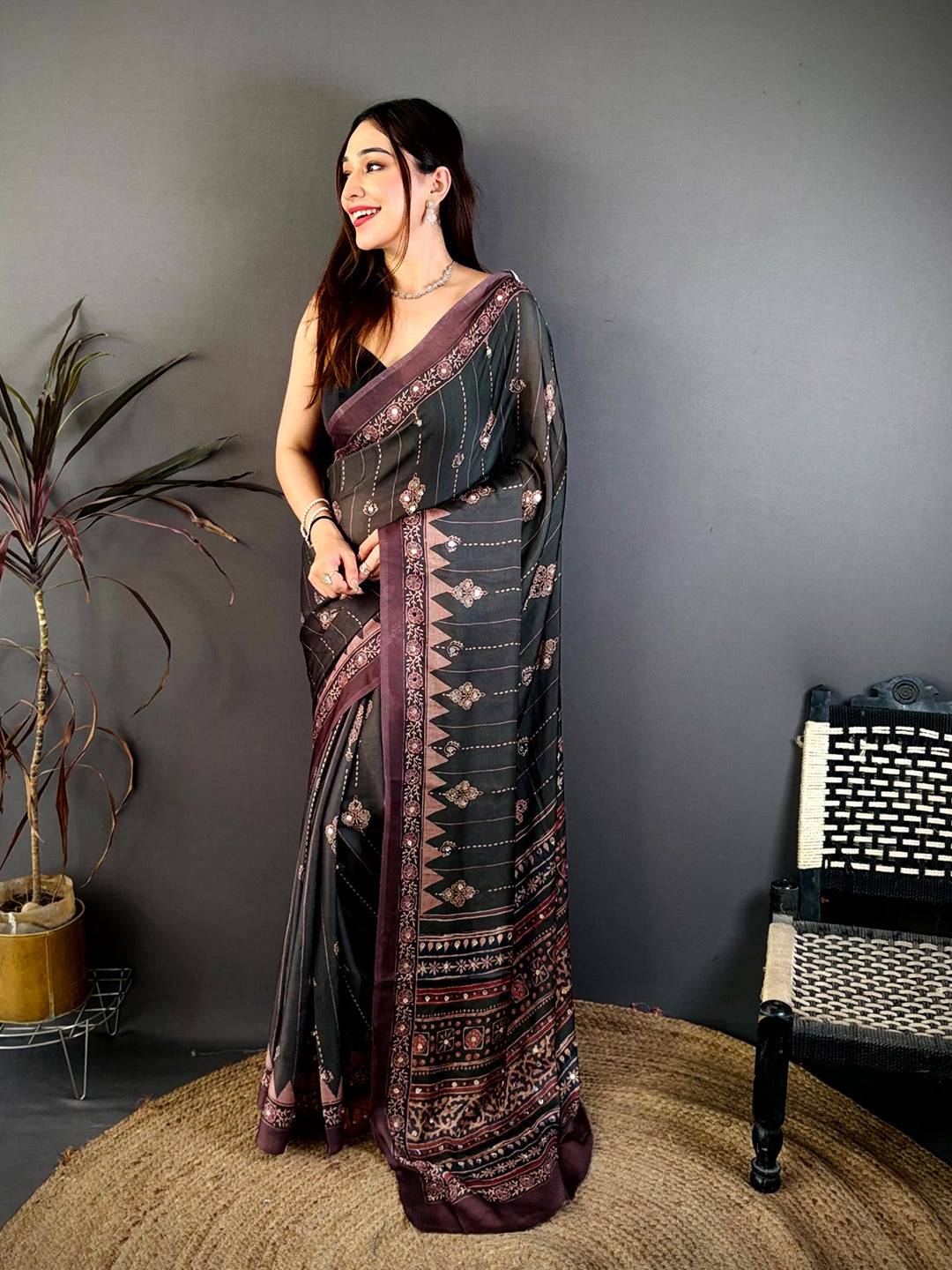 Olive Ajrakh Digital Printed Saree
