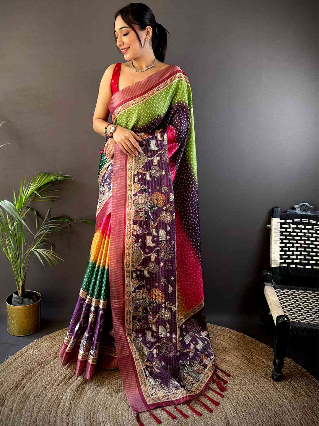 Vibrant Silk Blend Bandhani Print Saree