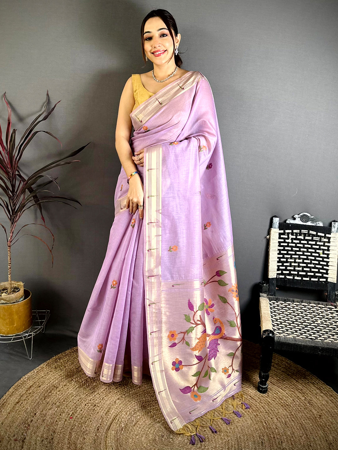 Lavender Sunflower Minakari Khadi Saree