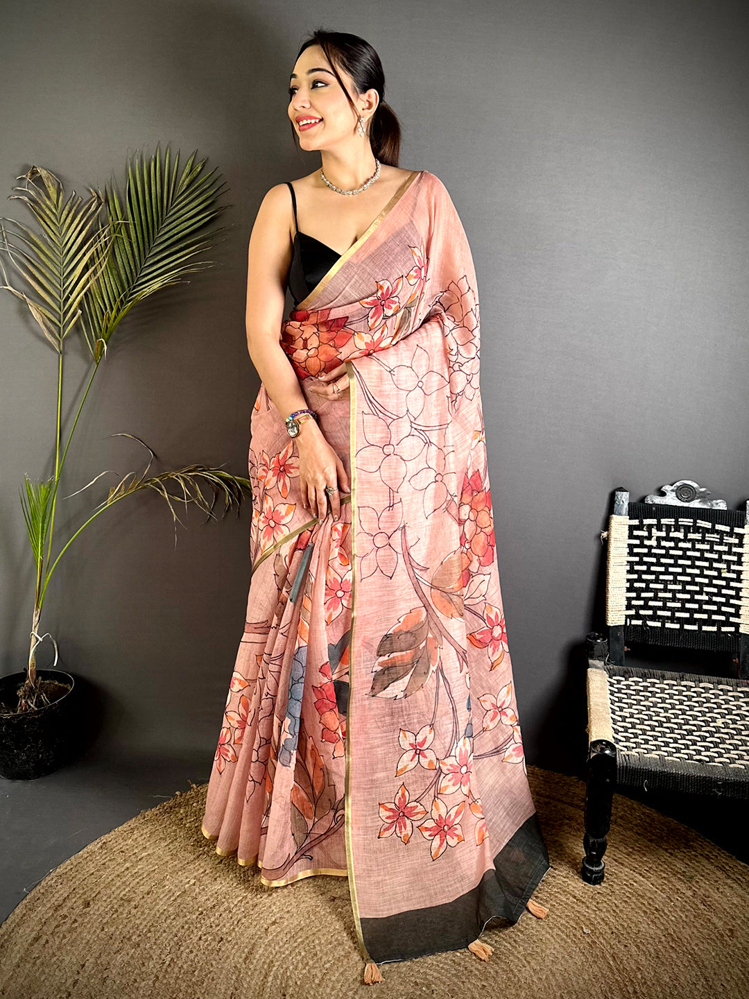Classic Pink Floral Linen Saree