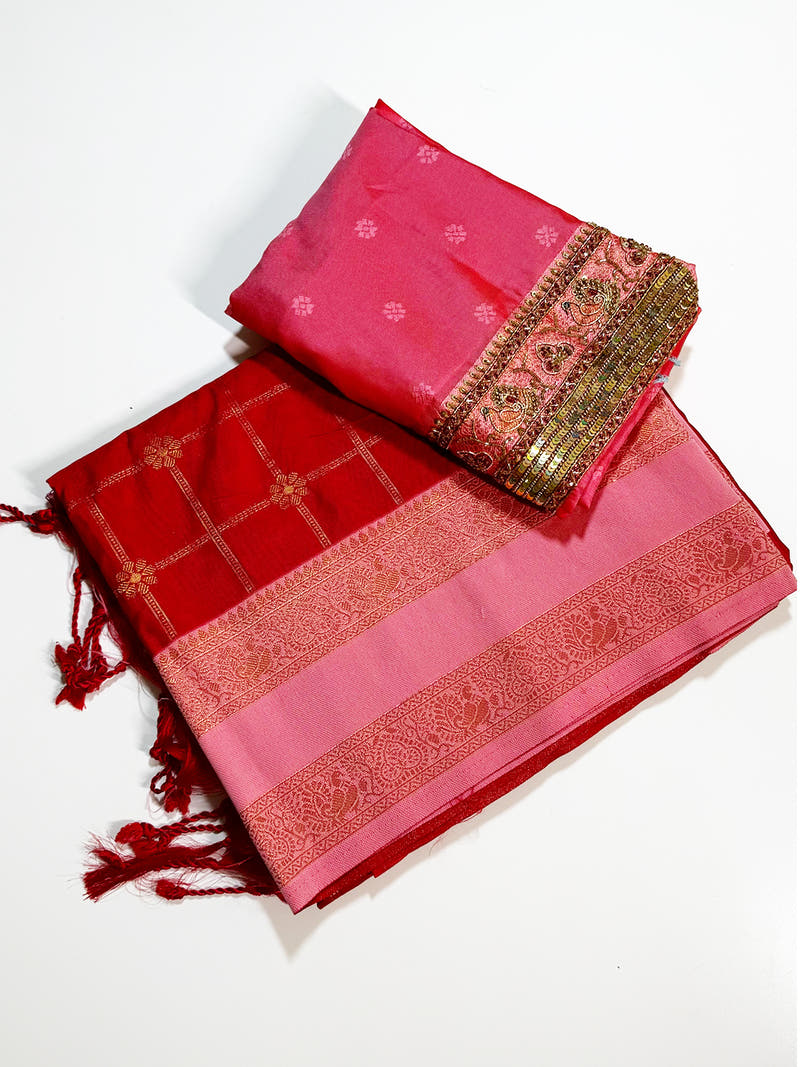 Red Check Weave Gadwal Saree With Maggam Blouse