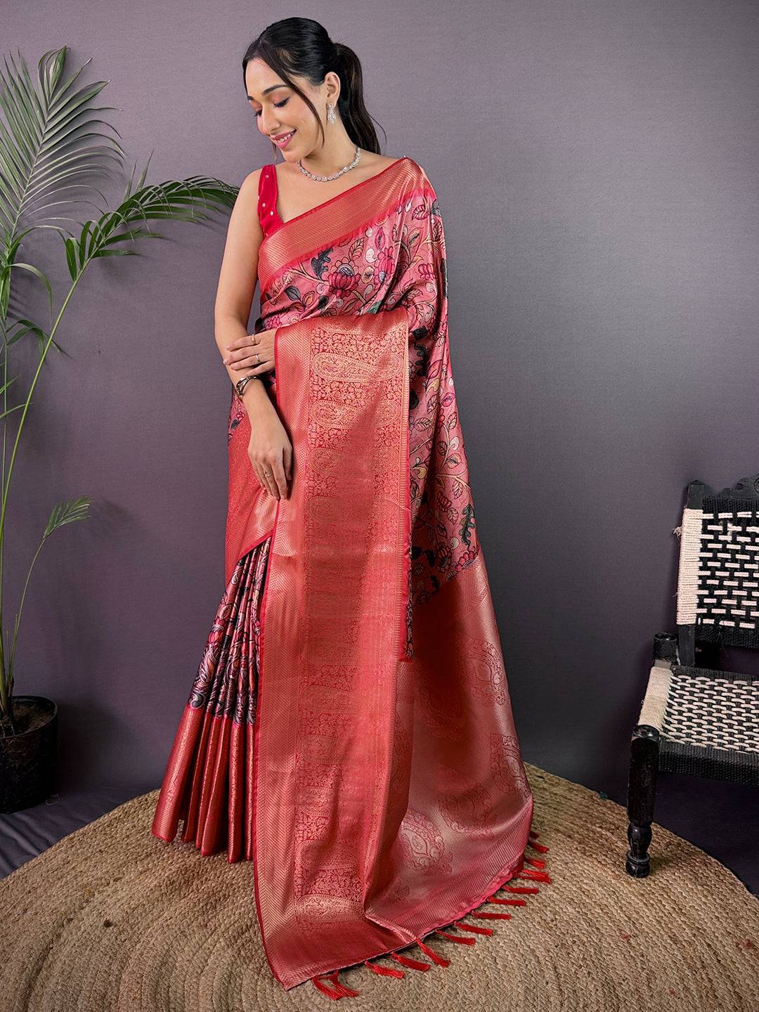 Dark Peach Cherry Satin Kalamkari Saree