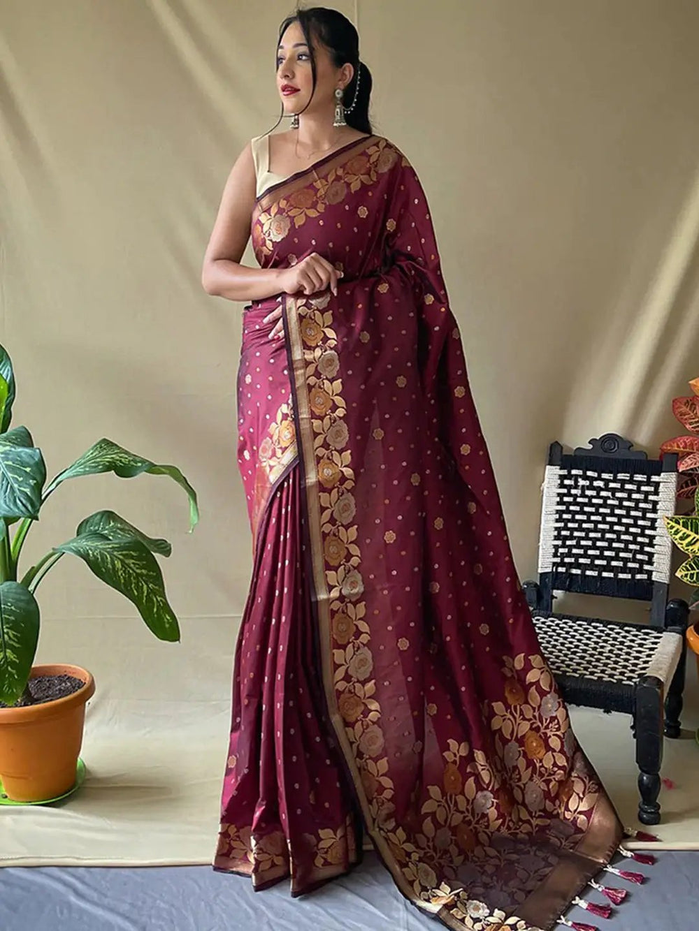 Elegant wine Banarasi silk saree with intricate zari work
