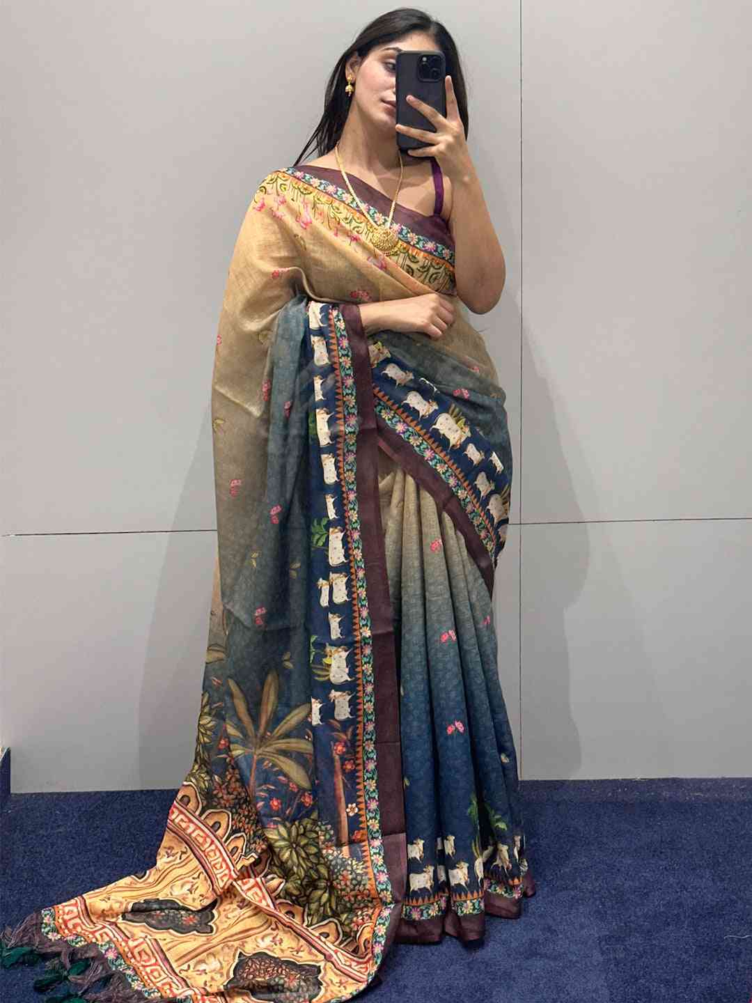 Stylish blue Pichwai printed saree with unique artwork