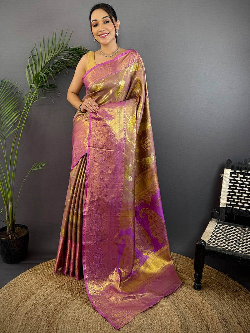 Light Wine Dharmavaram Gold Birds Print Saree