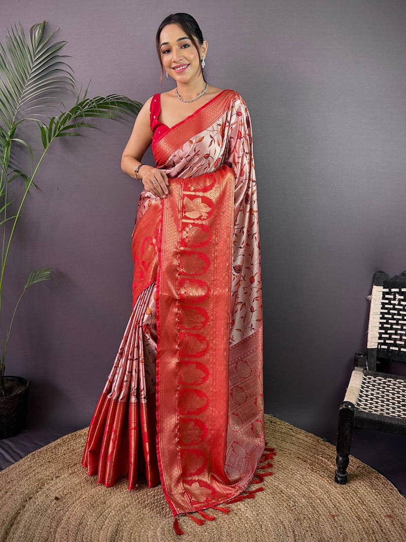 Elegant Soft Cherry Satin Kalamkari Print Saree