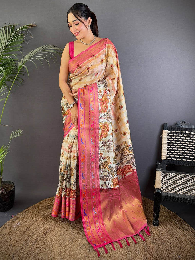 Elegant Kalamkari Printed Tissue Saree