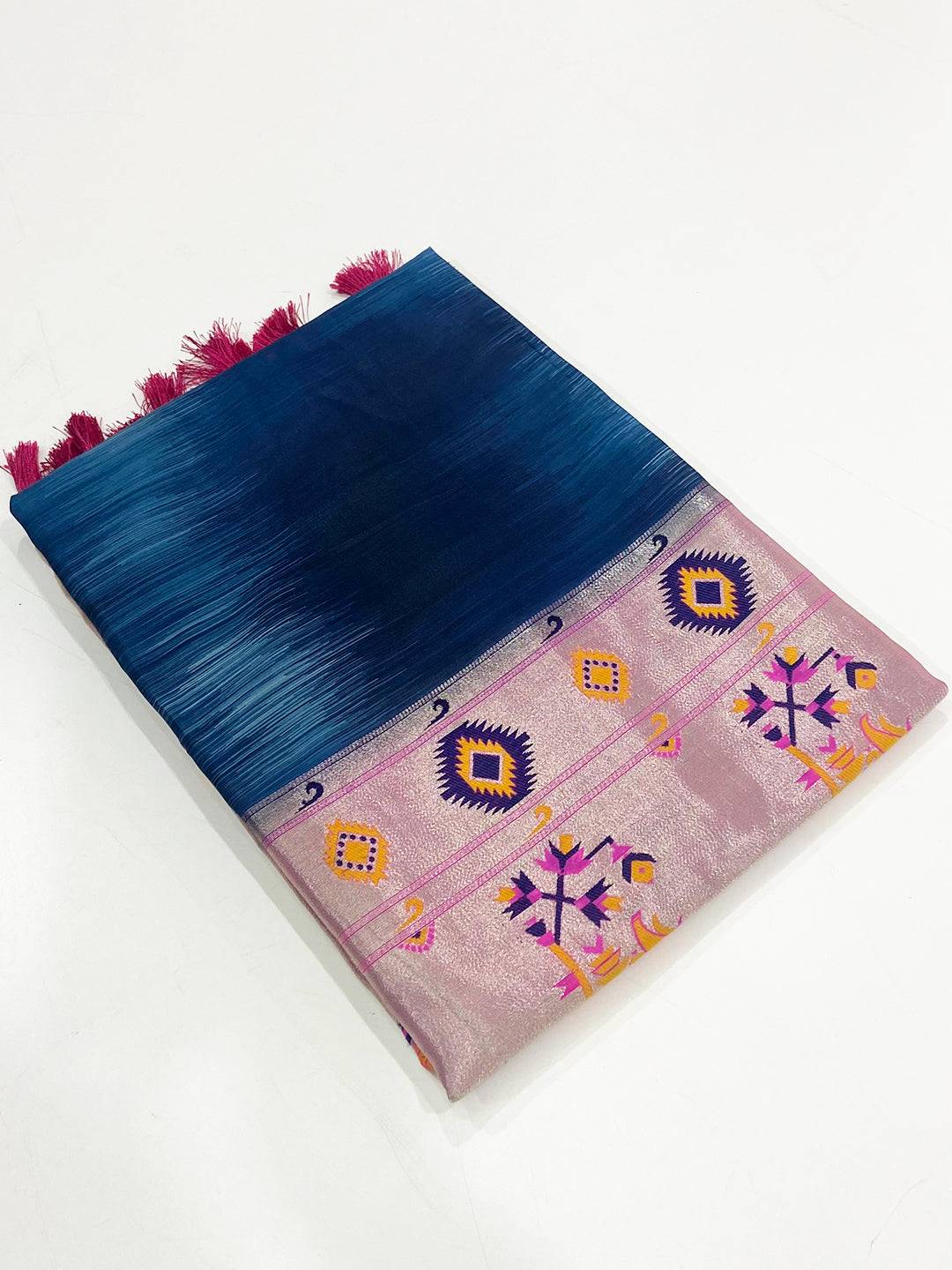 Royal Blue Geometric Floral Pallu Saree