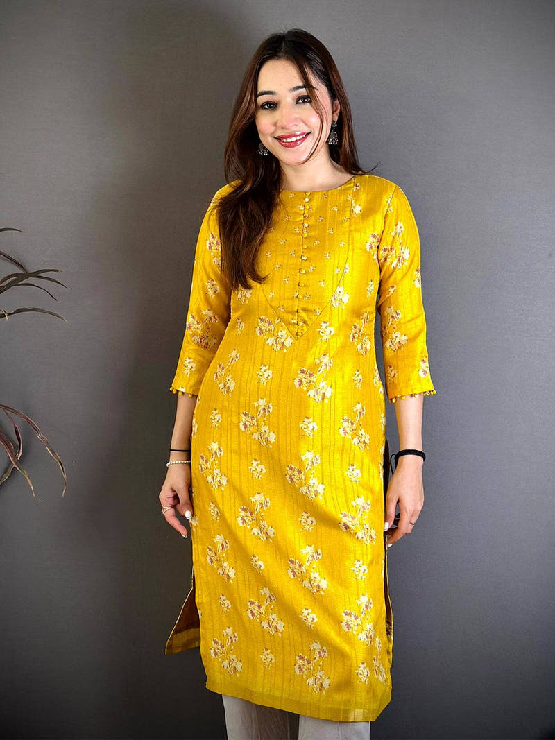 Yellow V Neck Tussar Ghicha Ethnic Kurti