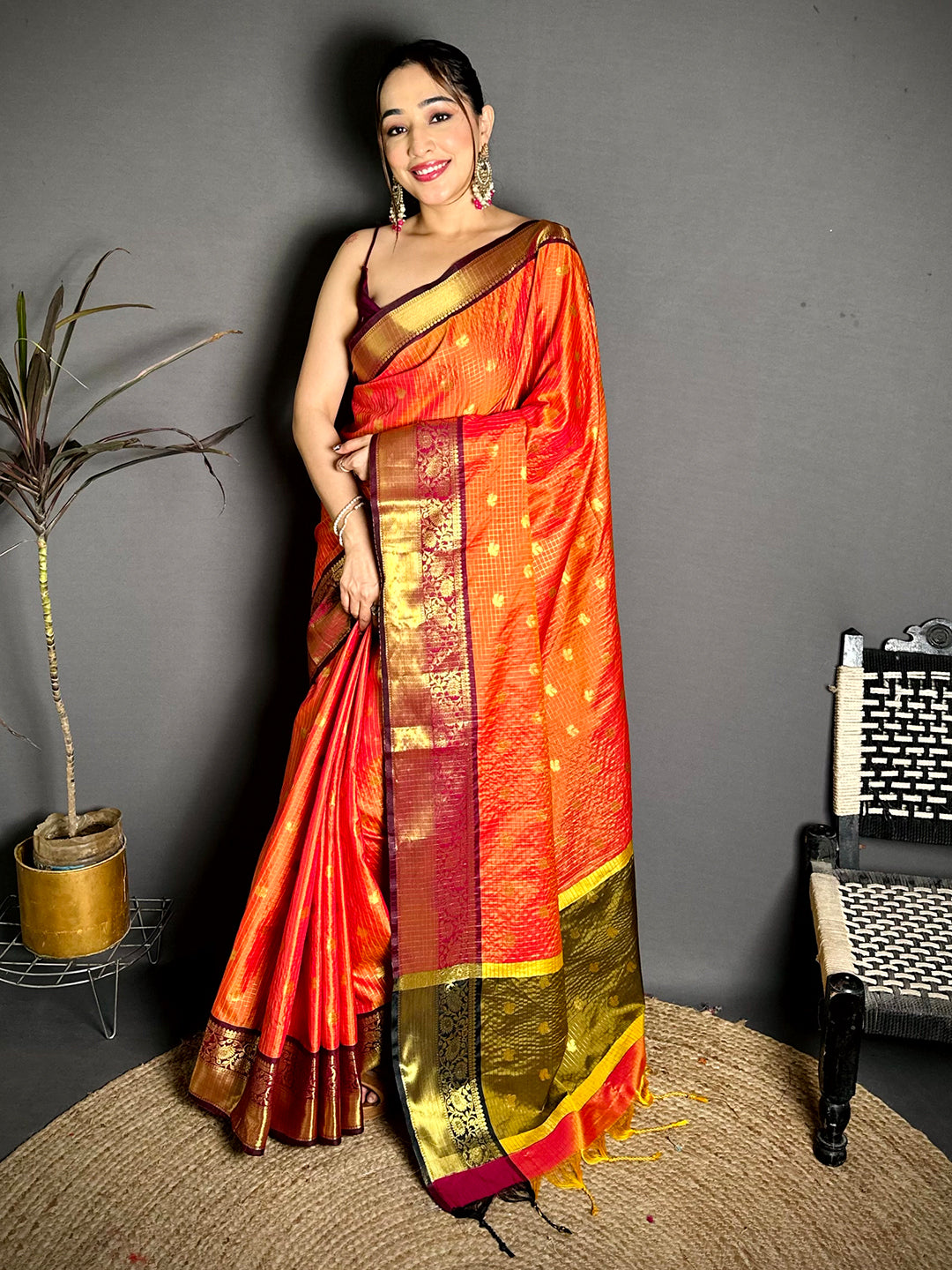 Tussar Silk Saree with Gold Zari Chex Design