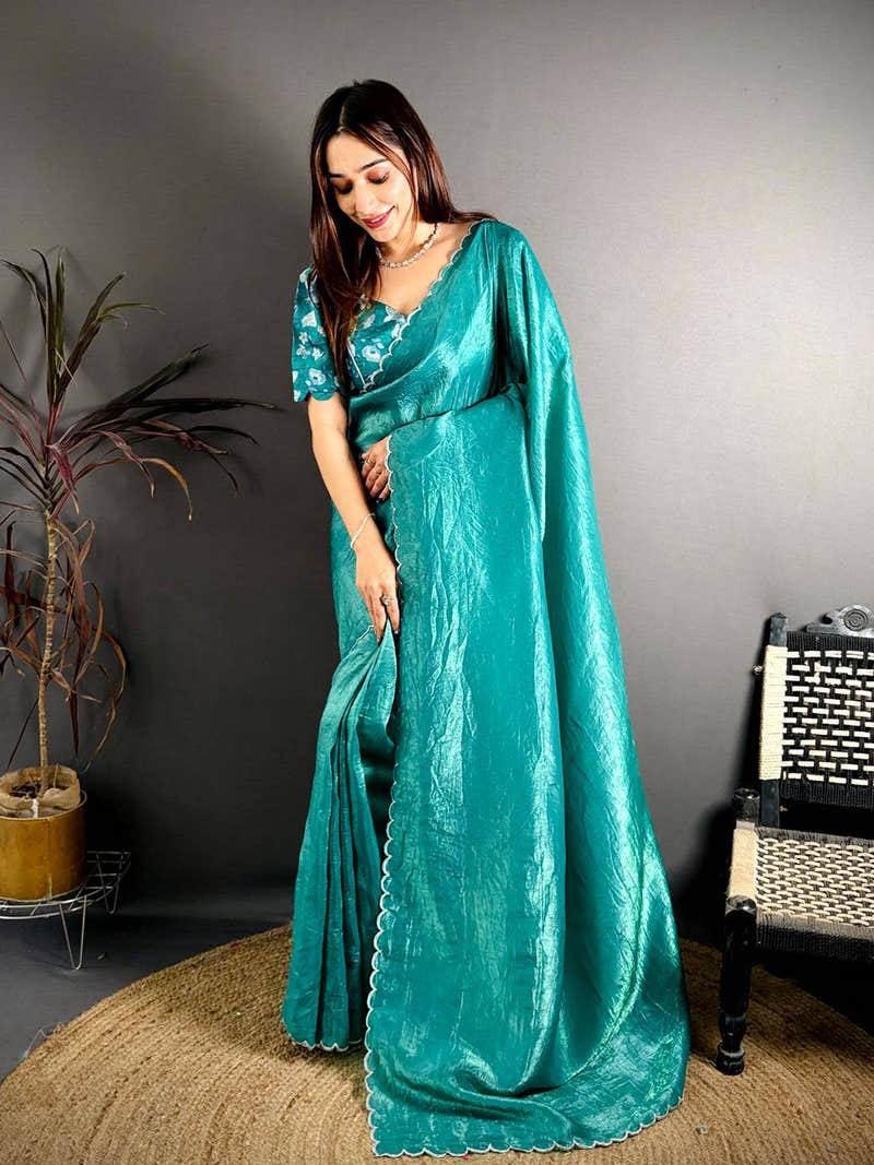 Teal Green Bariq Cutwork Crash Silk Saree