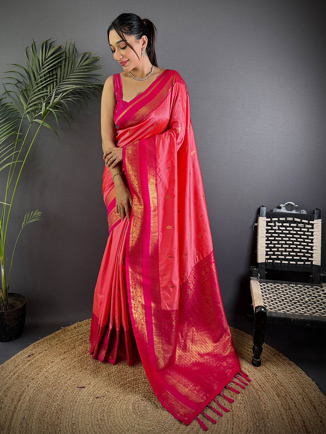 Rose Pink Satin Bentex Soft Silk Saree With Maggam Blouse