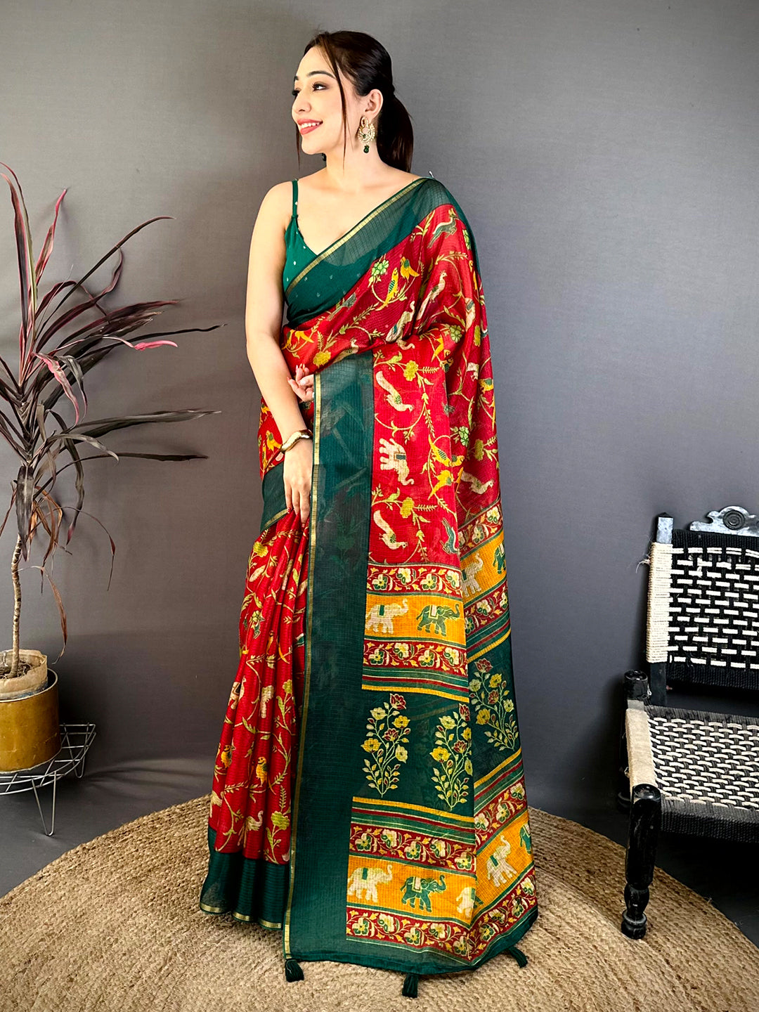Red Kota Doriya Block Print Saree