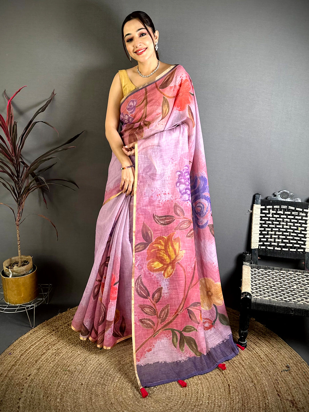 Pink Gold Zari Linen Chanderi Saree