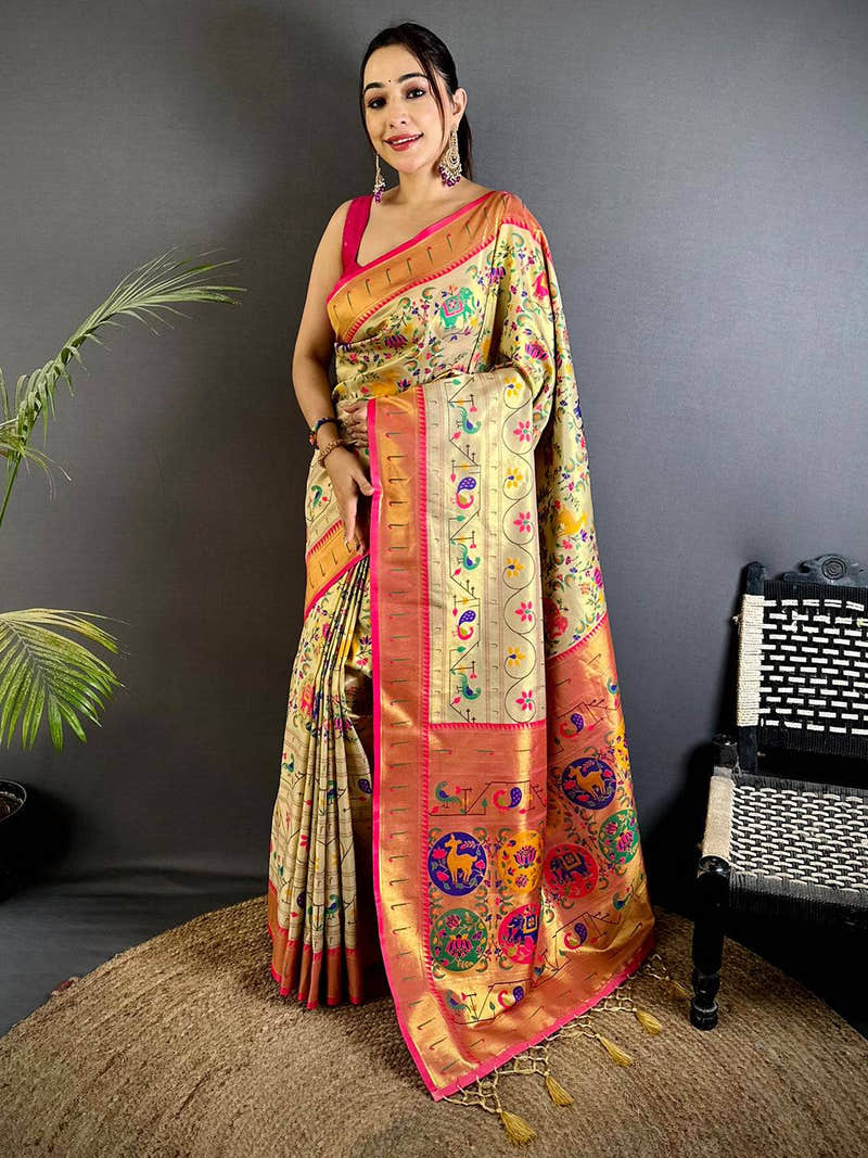 Cream Patola Motif Soft Silk Saree