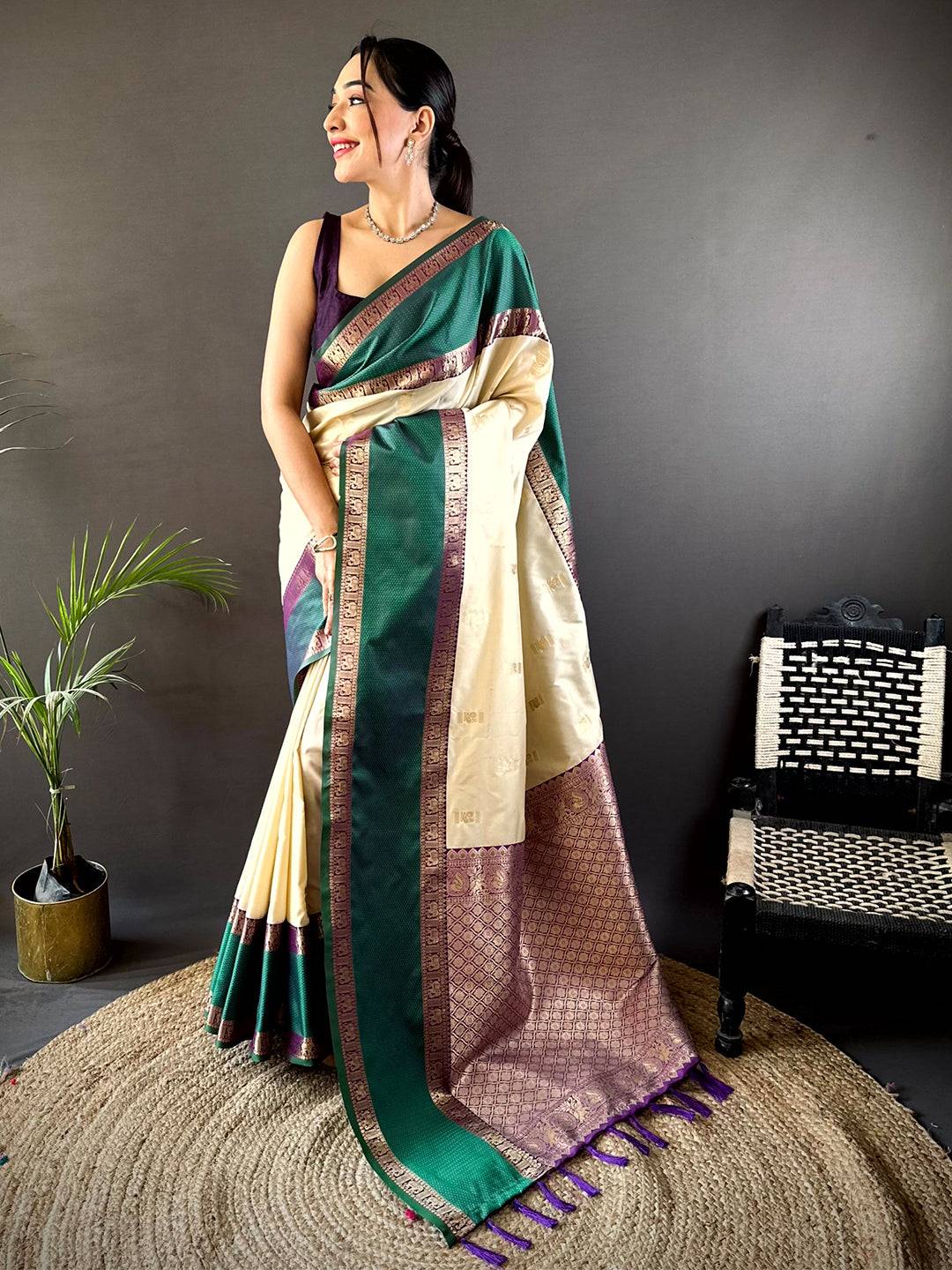 Graceful Cream Gadhwal Soft Silk Saree