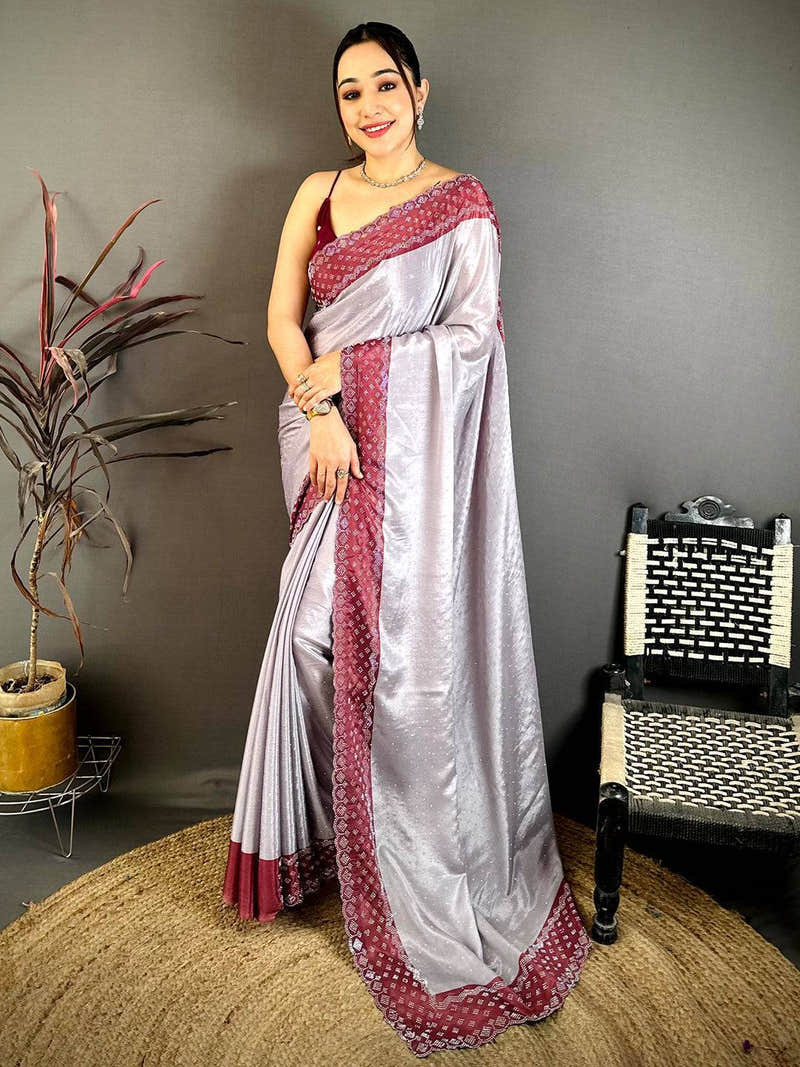 Grey Poly Chiffon Diamond Stone Work Saree