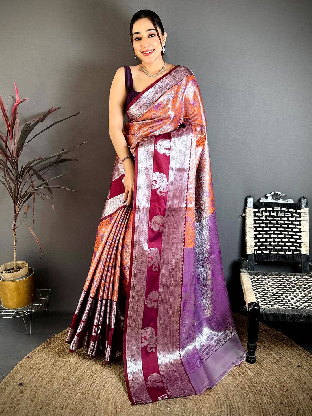 Orange Dharmavaram Double Ikkat Saree
