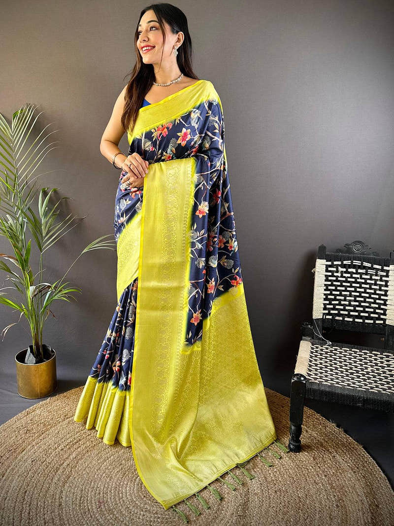 Navy Blue Floral Birds Print Saree