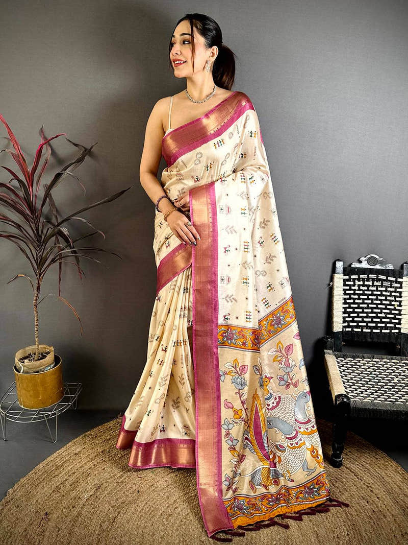 Pink Soft Dola Silk Warli Print Saree