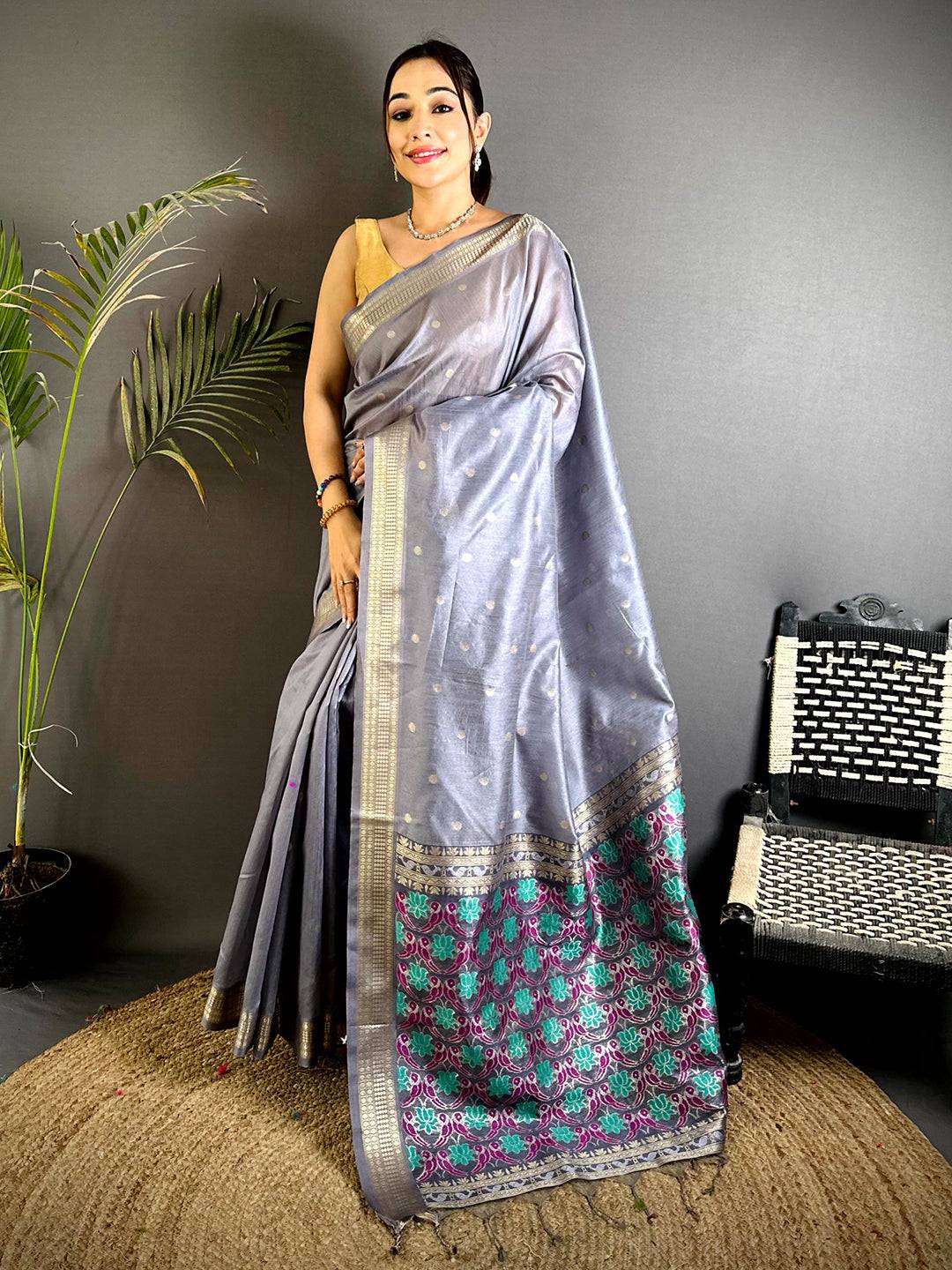 Grey Minakari Paithani Raw Silk Saree