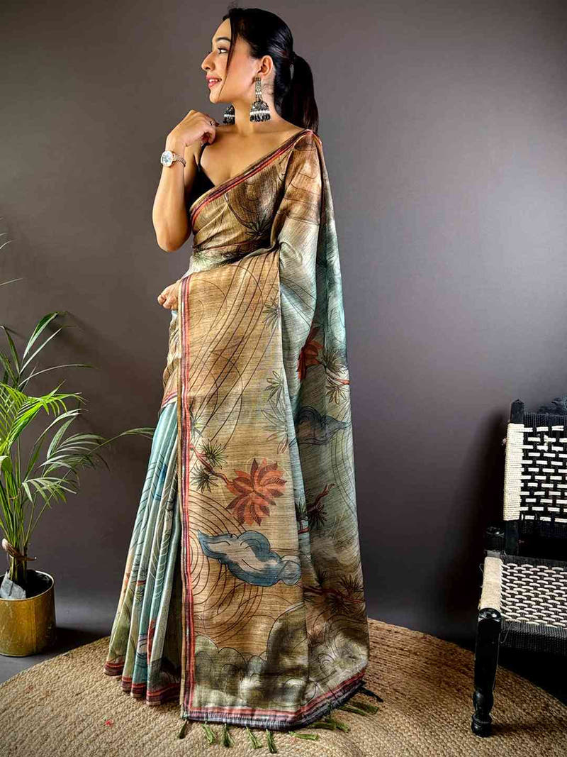Sky Blue Tissue Chanderi Floral Abstract Saree