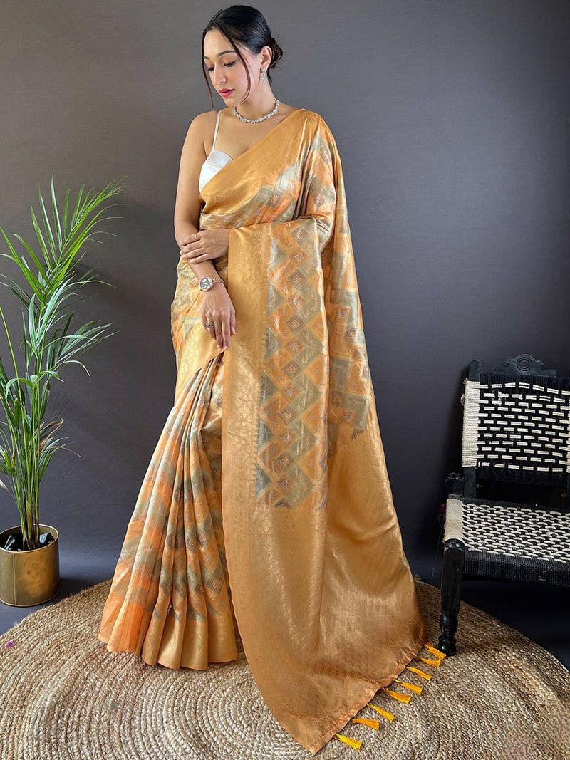 Honey Yellow Colour Block Print Saree