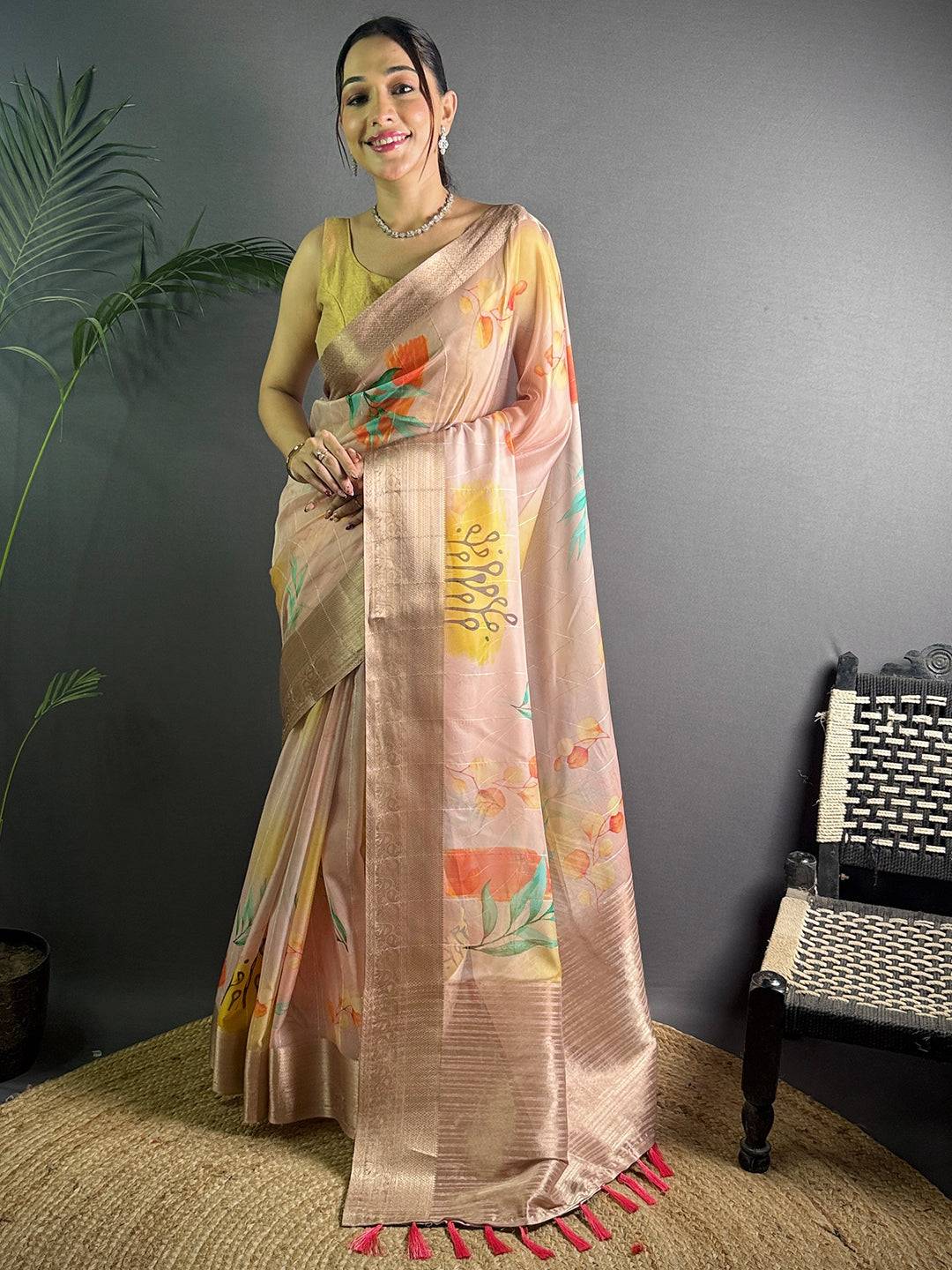 Blush Pink Soft Organza Silk Floral Saree