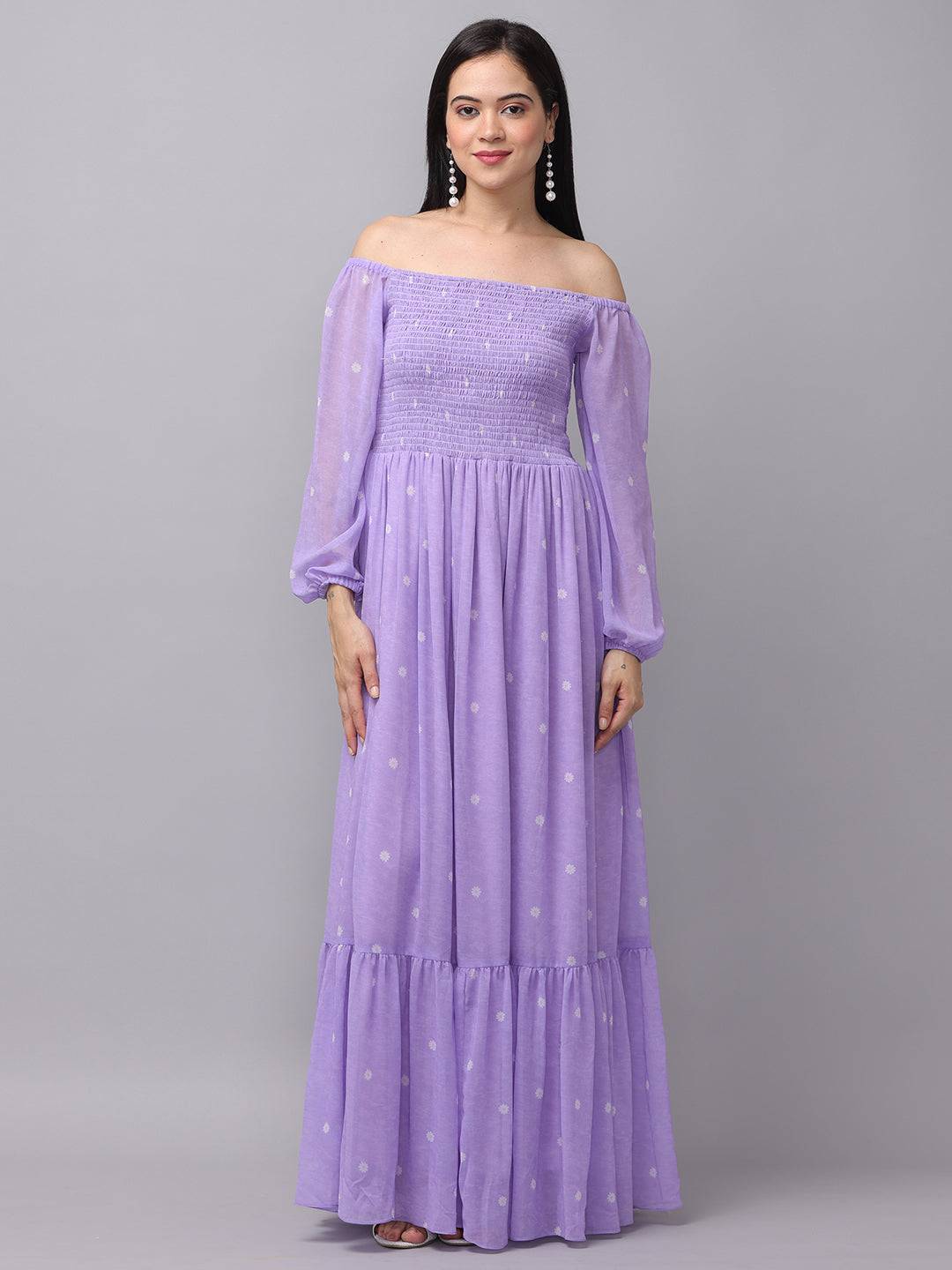 Lilac polka dot smocked maxi dress front view