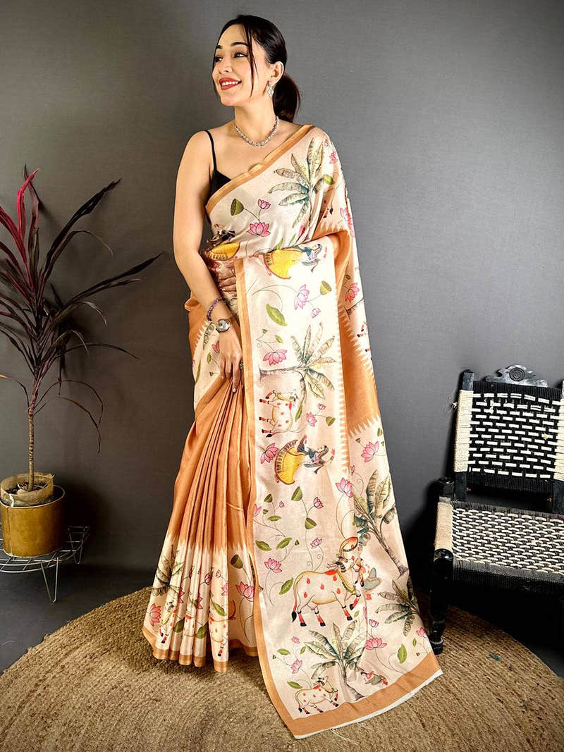 Stylish Pichwai Border Semi Tussar Saree