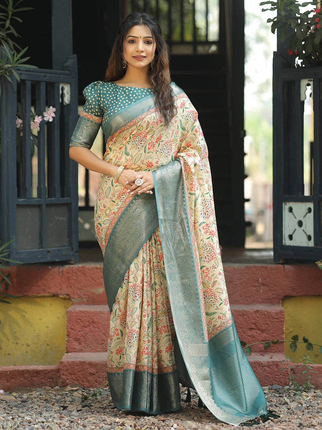 Cream Colour Phulkari Design Zari Weaving Pallu Saree